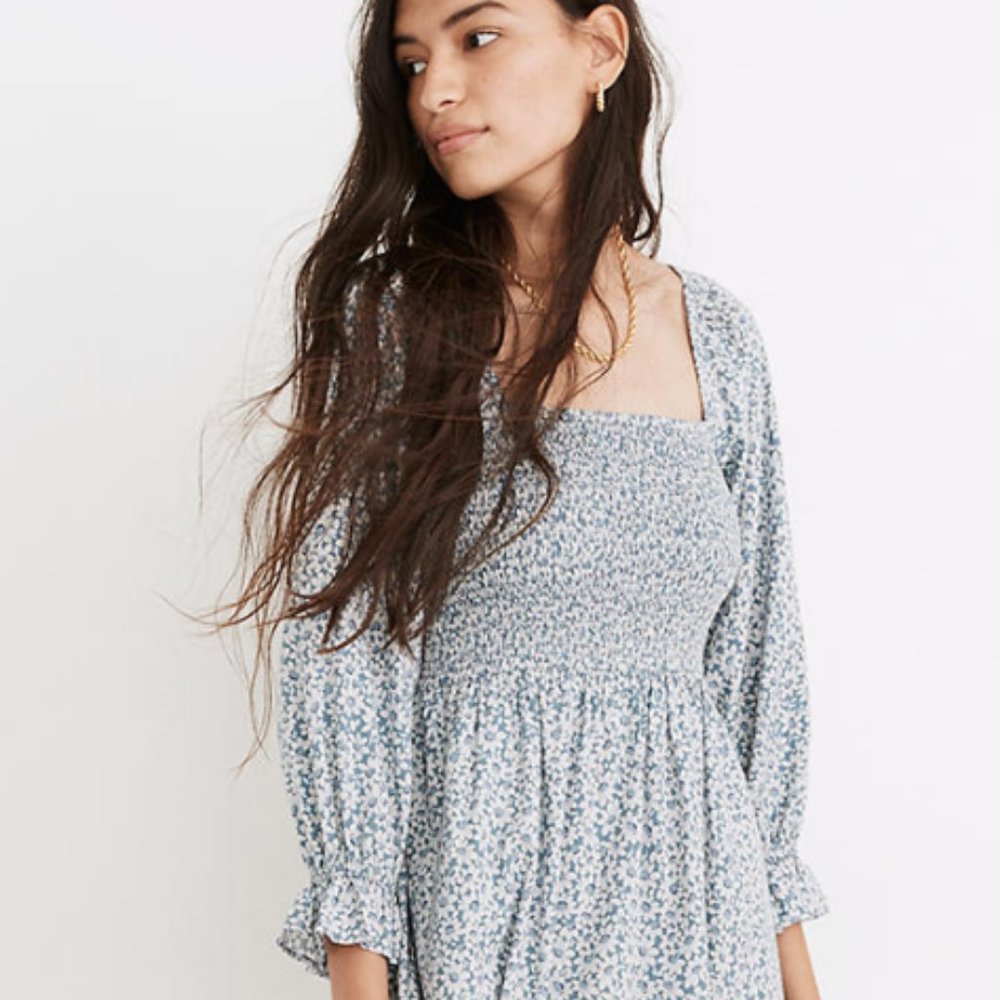 Lucie Elbow-Sleeve Smocked Midi Dress in Sunflower Field